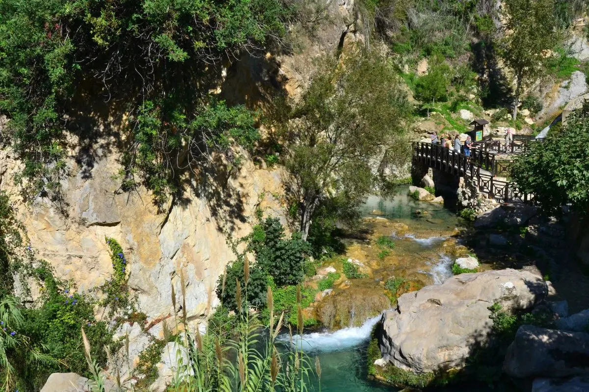 Una poza turquesa bajo una pequeña cascada entre roca clara y vegetación, y arriba una pasarela de madera en la ladera