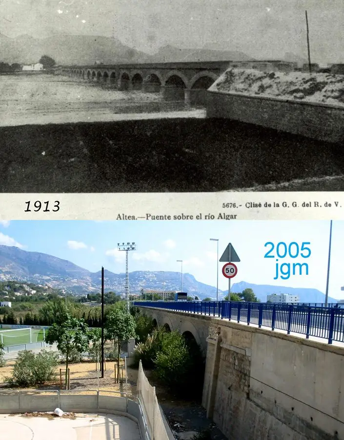 Postal del puente sobre el río Algar en 1913, junto al mismo lugar en 2005