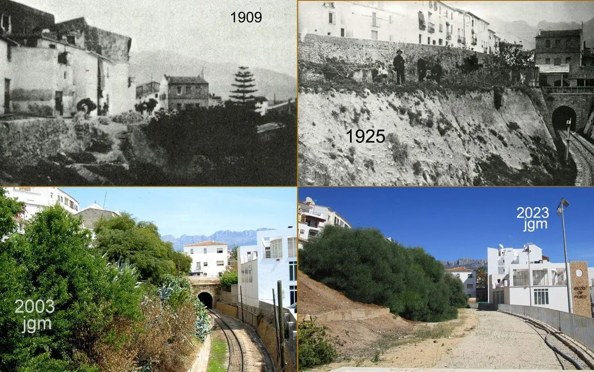 La trinchera del ferrocarril en 1909 y 1925, el mismo punto en 2003 y 2023