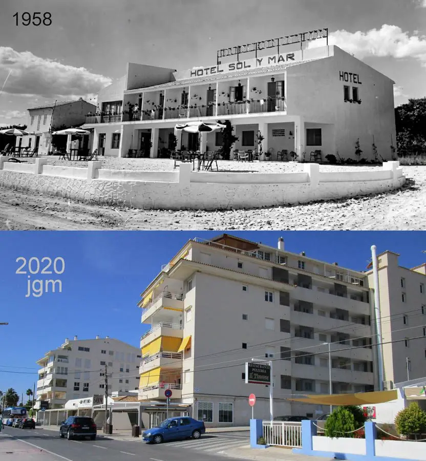El hotel Sol y Mar de dos plantas en 1958 y el bloque de pisos que hoy ocupa el solar