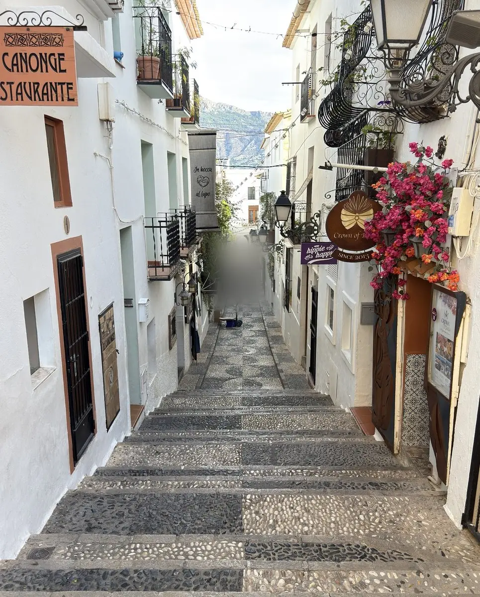 Estrecha calle escalonada entre casas encaladas, con los peldaños empedrados en campos de canto claro y oscuro; en las fachadas, farolas, balcones de hierro forjado, rótulos de tiendas y buganvilla rosa; más arriba, algunos paseantes.