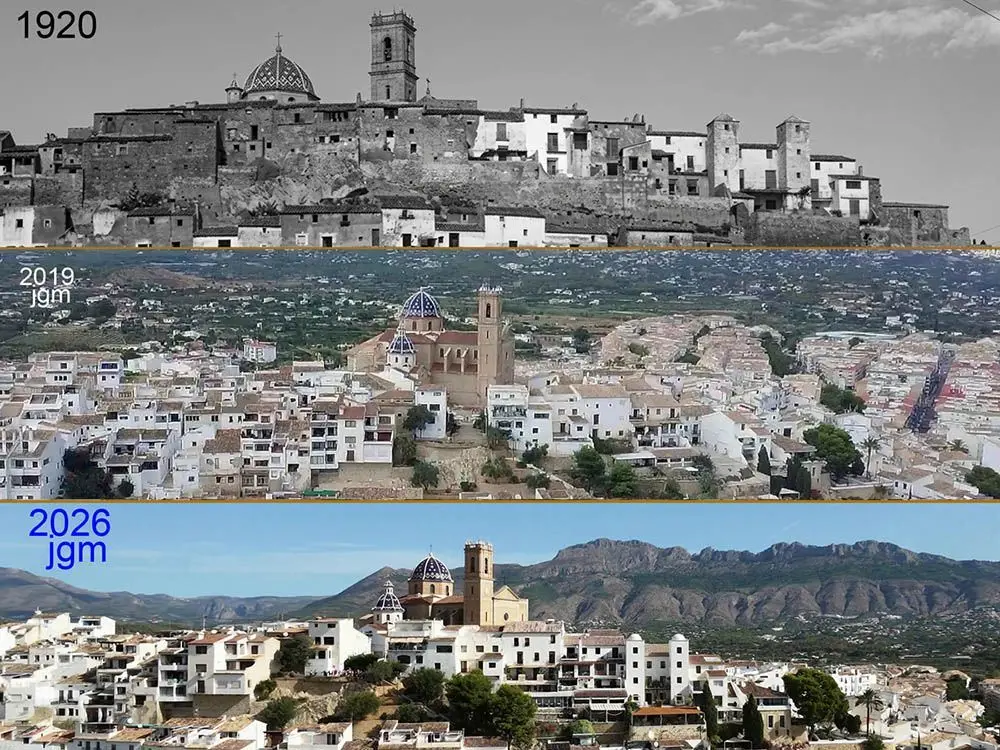 1920 · 2018 · 2026 — Panorámica con la iglesia