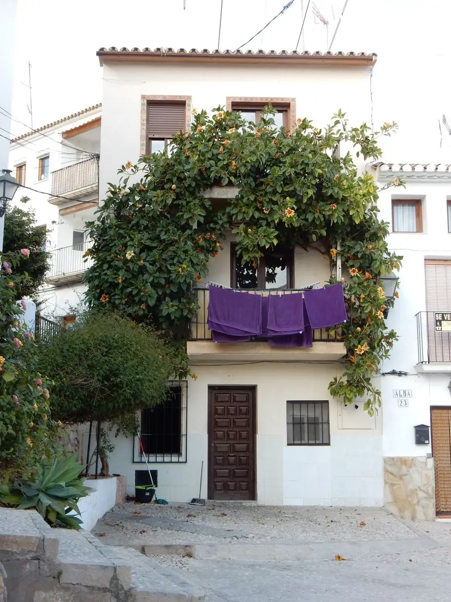 Een smal wit huis in een steile straat: boven de deur een balkon, overgroeid met een klimplant met oranje trompetvormige bloemen, en aan de balustrade paarse handdoeken te drogen; ervoor kiezelplaveisel en treden