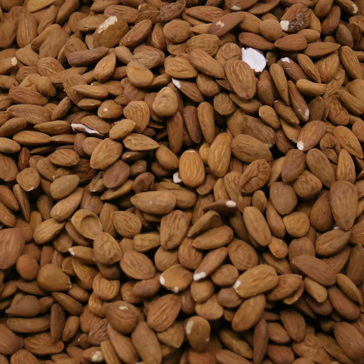 Un montón de almendras peladas de piel marrón y estriada, muy juntas, con algunas partidas que dejan ver el interior blanco.