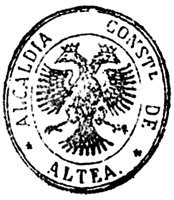 Sello municipal redondo de 1876 con águila bicéfala y la leyenda Alcaldía Constitucional de Altea