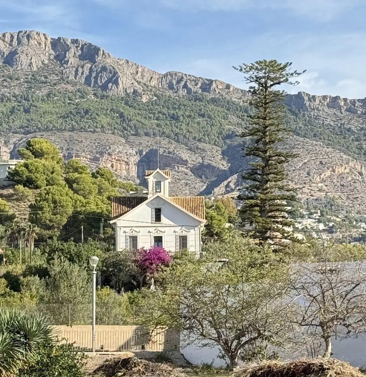 Villa blanca con marcos de ventana ornamentados, tejado de teja y pequeña torrecilla, rodeada de pinos y una buganvilla violeta; a la derecha, una alta araucaria. Delante, un muro y frutales; al fondo, una abrupta pared rocosa con laderas boscosas.