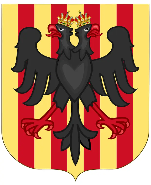 Escudo con cuatro palos de gules en campo de oro y un águila bicéfala de sable con dos coronas
